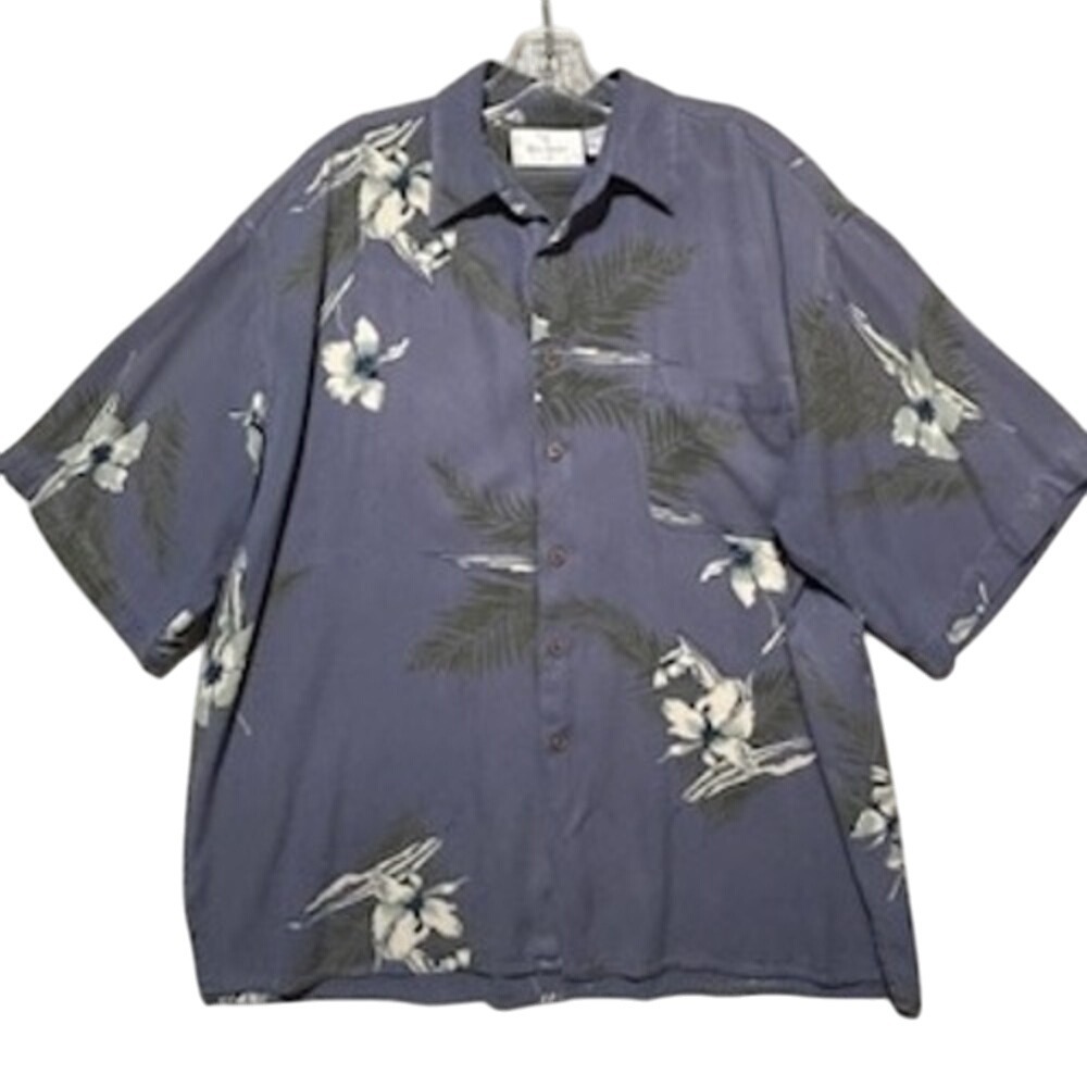Bill Blass‎ Hawaiian Camp Shirt 100% Silk XL Blue Floral Palm Leaf Short Sleeve